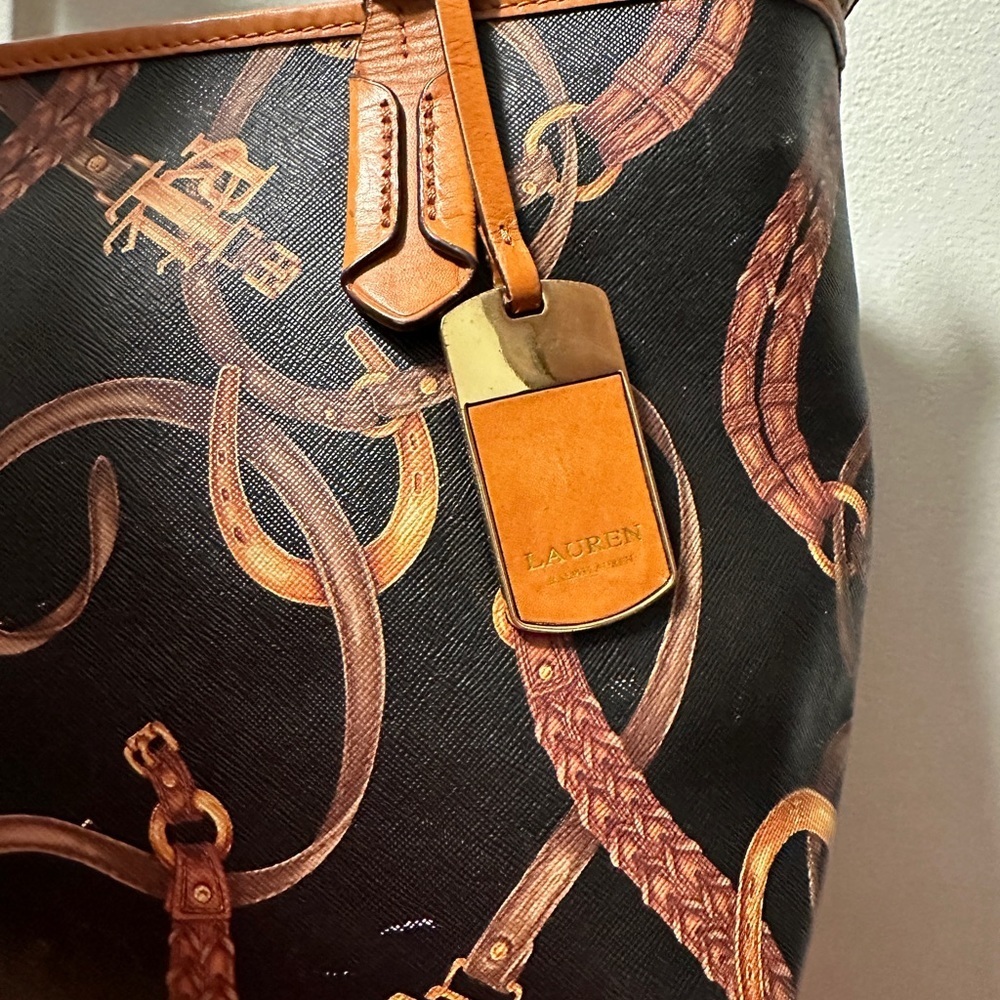 Ralph Lauren Black/Brown Equestrian Print PVC And Leather Shopper Tote - Picture 3 of 8